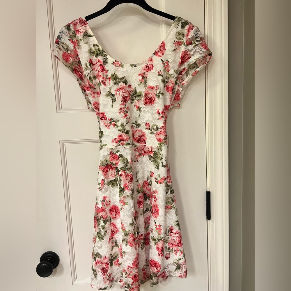 White and Pink Floral Lace Dress